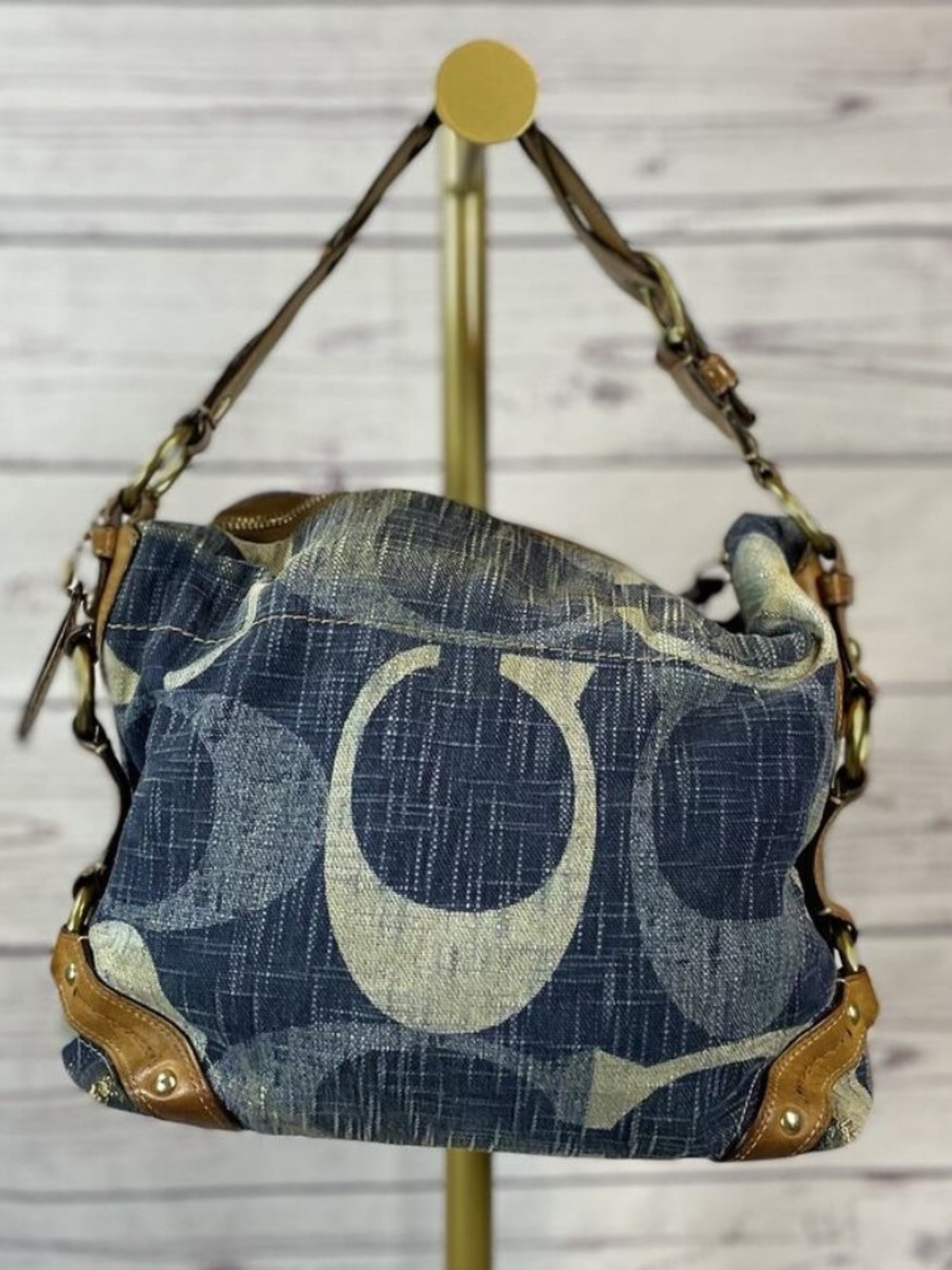 Coach Vintage Carly 12197 Blue Denim Signature C Braided Leather Hobo Shoulder